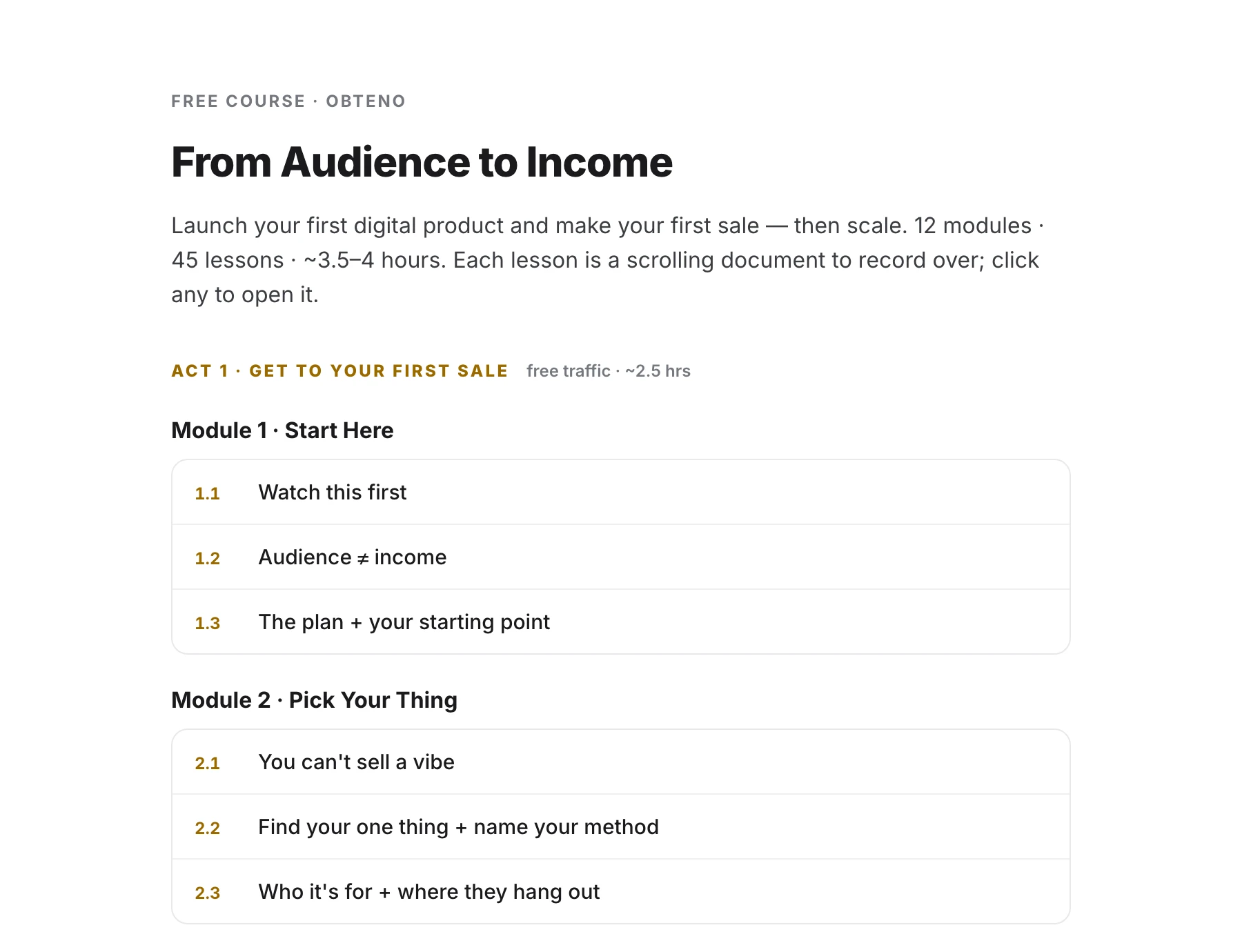The From Audience to Income course inside Obteno — 12 modules, 48 lessons laid out act by act