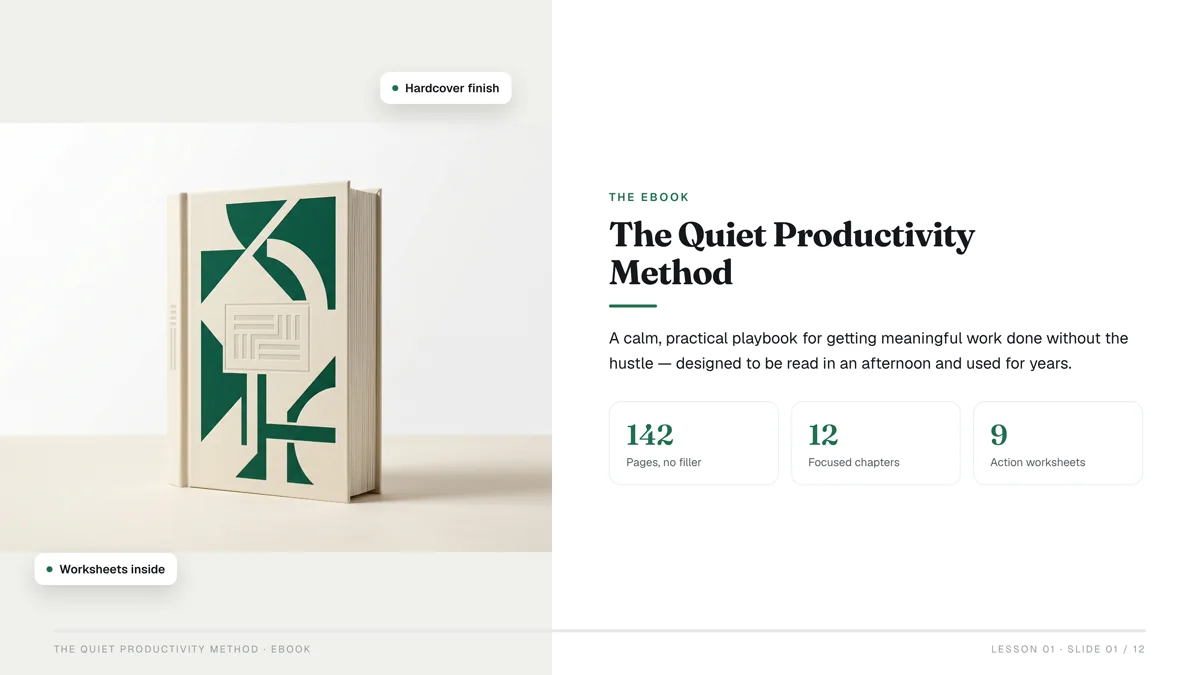 A finished ebook built with Obteno — 'The Quiet Productivity Method', a hardcover mockup with 142 pages and worksheets