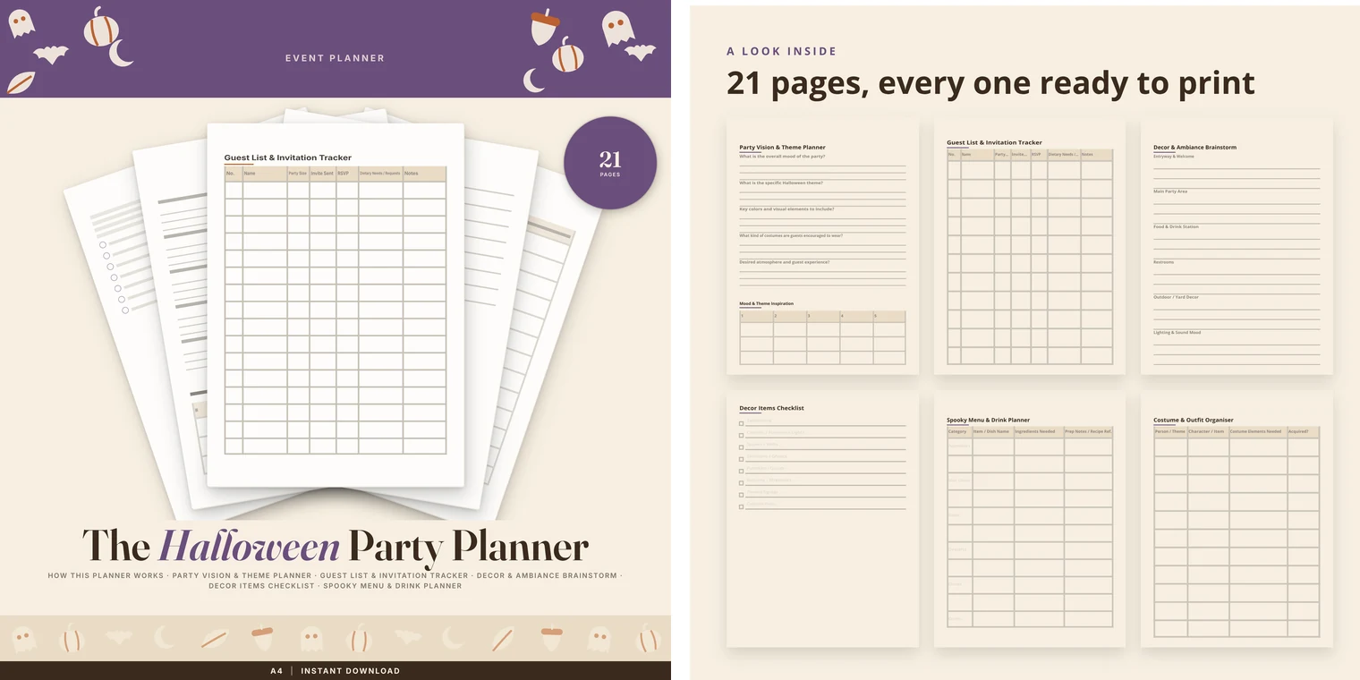 A printable planner made with Obteno — its cover beside six of its twenty-one interior pages, among them a guest list tracker, a decor checklist and a menu planner