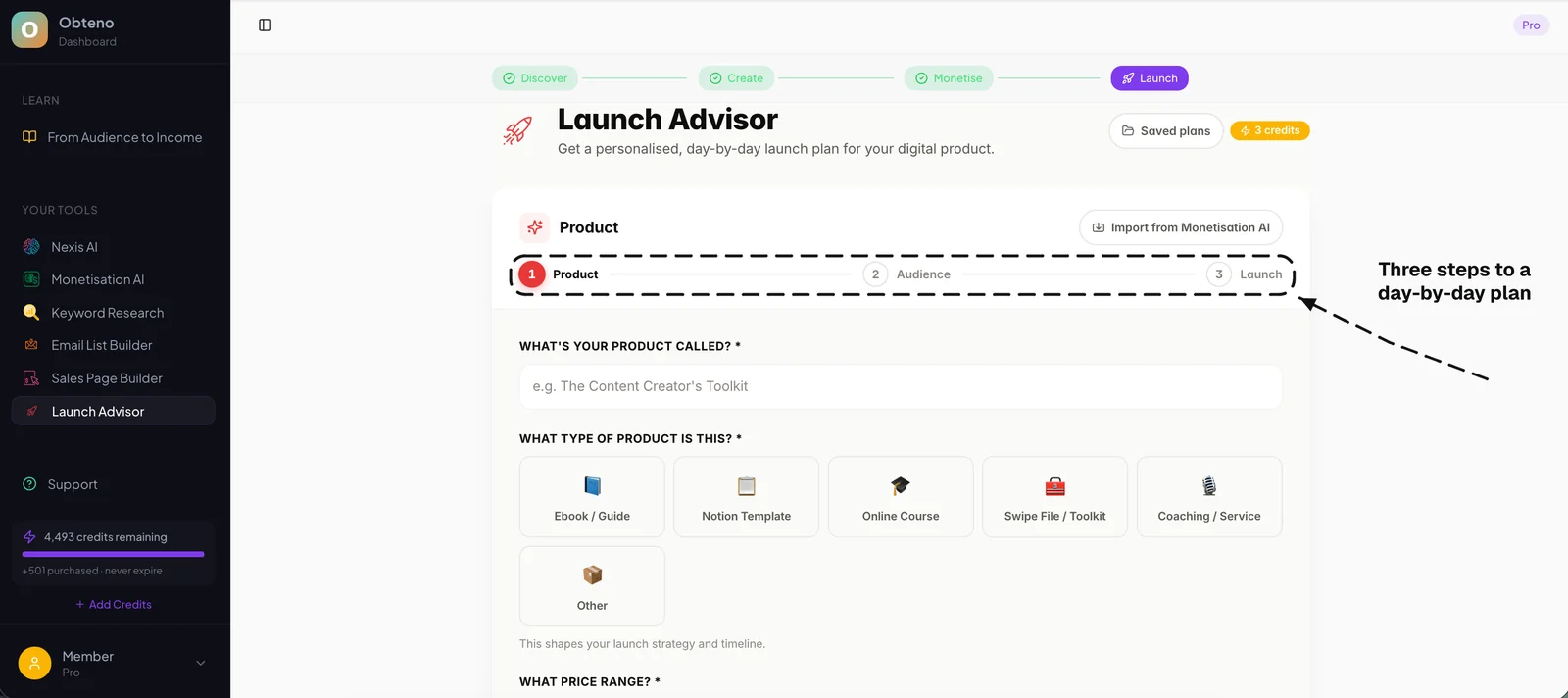 Launch Advisor, the three-step wizard that produces a day-by-day launch plan for a product
