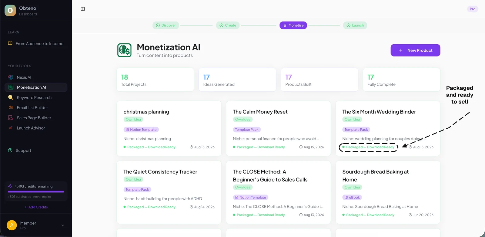 Monetisation AI showing finished digital products, each marked Packaged โ Download Ready