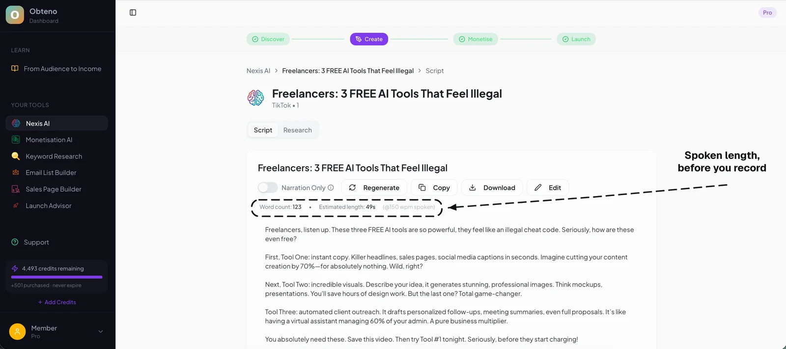 Nexis AI showing a generated TikTok script with its word count and spoken length, and Regenerate, Copy, Download and Edit controls
