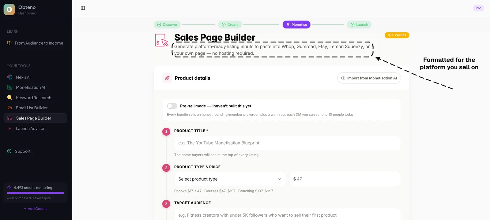 Sales Page Builder, generating listing copy formatted for Whop, Gumroad, Etsy or Lemon Squeezy